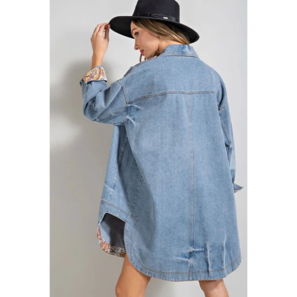 SOLD OUT Denim Blue Mineral Washed Oversized Long Jacket w/ Paisley Cuff Detail - Picture 8 of 11
